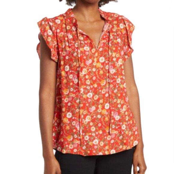Status by Chenault Red Rayon Challis Floral Flutter Sleeve Blouse Top Small NWOT - Picture 1 of 5